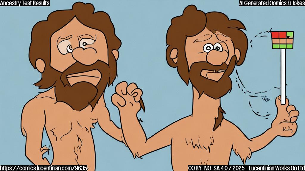 A simple, flat color cartoon of a confused-looking caveman scratching his head while holding a DNA ancestry test result showing three equal pie chart slices labeled "Estonian," "Finnish," and "Hungarian." The background is a plain light blue.