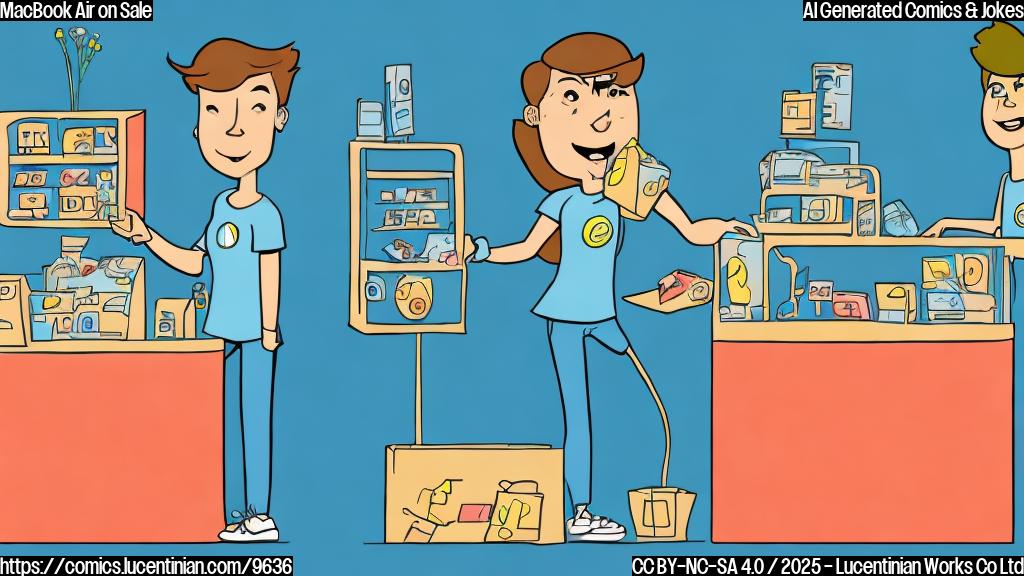 Cartoon illustration of a person handing a large bag of peanuts to a cashier at a minimalist, brightly colored store resembling an electronics shop. The person looks happy and the cashier looks confused. The background is a plain blue.