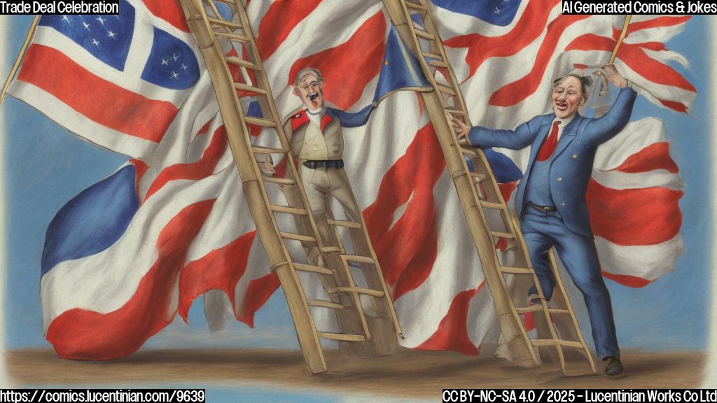 A simple, plain-color cartoon of a smiling politician holding a comically oversized ladder against a background representing the flags of the US, UK, and EU, all rendered in pastel shades.