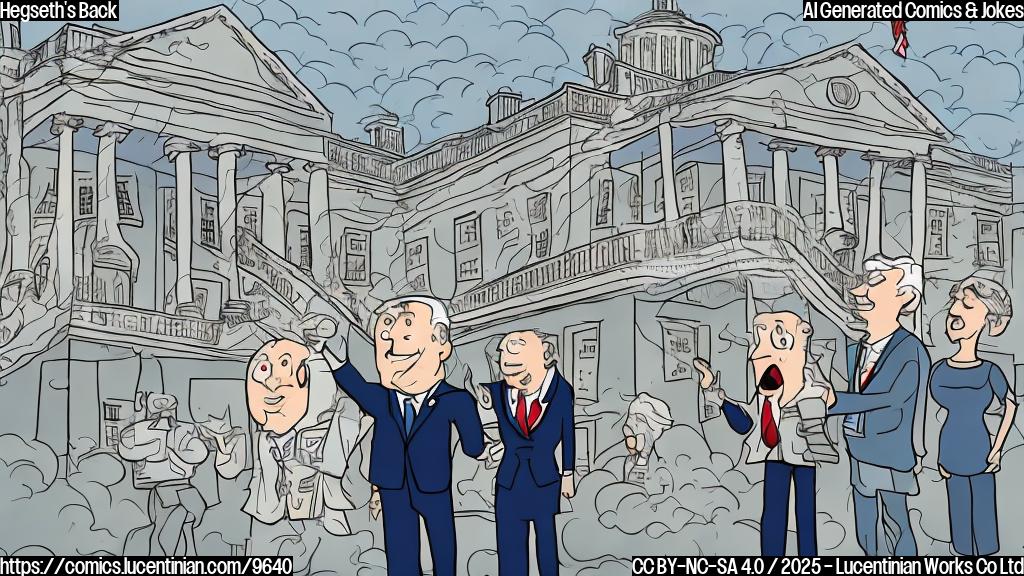 Plain color cartoon style picture of a generic White House building handing a large, oversized back brace to a stressed-looking, generic cabinet member figure. The cabinet member is sweating and surrounded by swirling clouds representing "controversies".