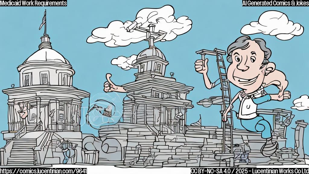 Cartoon style illustration of a plain colored smiling person carrying a ladder towards a large, imposing government building with a sign that reads "Benefits Office." The sky is light blue, and the style is simple and cheerful, with no shadows.