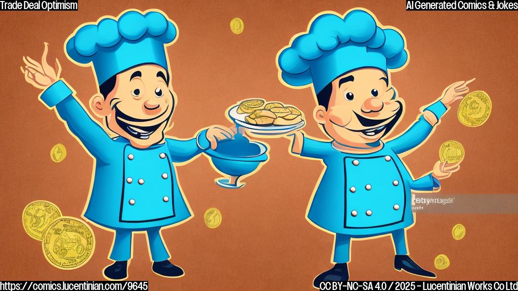 Cartoon illustration. Plain background, light blue. A smiling, anthropomorphic stock market chart wearing a tiny chef's hat, juggling euro symbols and dollar signs like pastries.