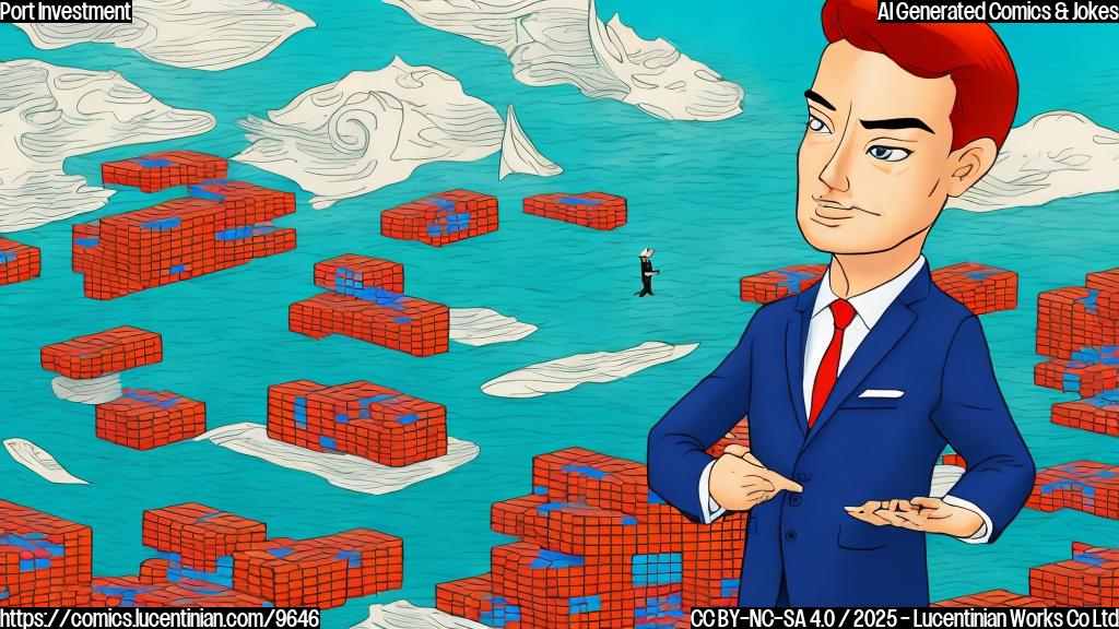 Cartoon of a man in a business suit standing on a dock looking confused, with Mandarin characters floating around his head and shipping containers in the background. The color palette is plain and primary.