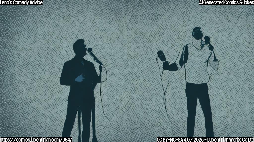 A comedian on stage with a microphone in hand, bathed in bright stage lights. The audience is faceless and silhouetted. The backdrop is a plain solid light blue. Cartoon style.
