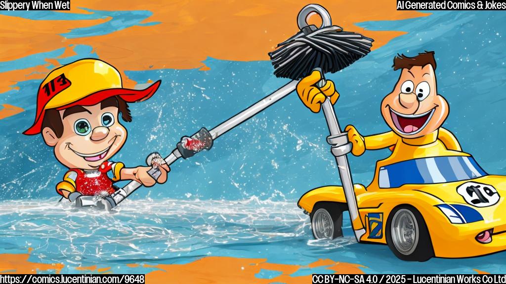 A cartoon image of a race car driving on a track covered in water, with a cartoon character holding a mop standing nearby.