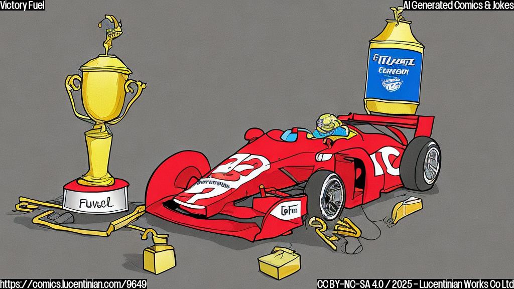 A plain color cartoon style image of a race car with a trophy, and a fuel can on the podium.