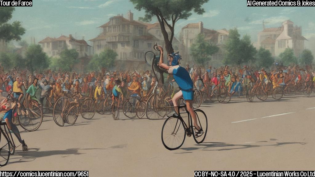 Plain color cartoon style picture of a cyclist awkwardly carrying a large wooden ladder while riding a bicycle on a road with cheering crowds blurred in the background. The cyclist is wearing a brightly colored jersey and helmet.