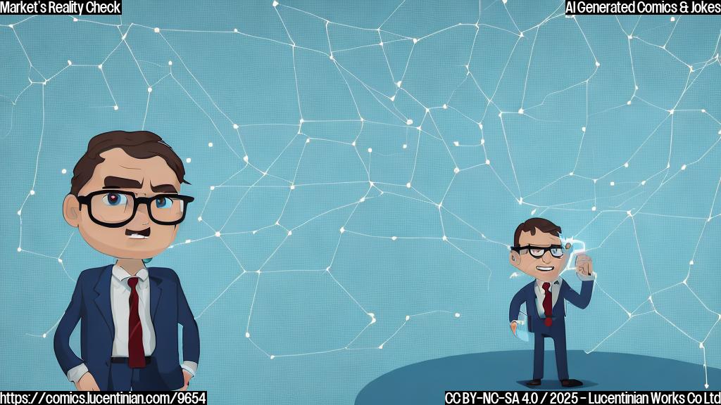 cartoon style, plain light blue background, a stressed-looking character with glasses and a suit, holding a tiny ladder pointing up towards a massive wave of data represented by binary code raining down from the sky.