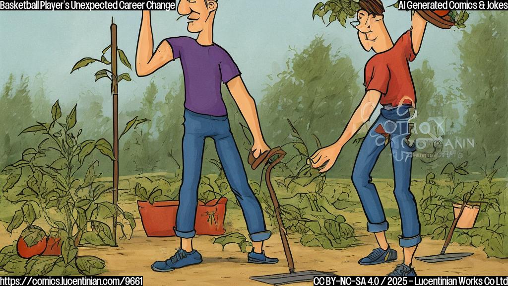 a plain color cartoon style picture of a tall young man with a basketball under one arm and gardening tools in the other, looking confused.