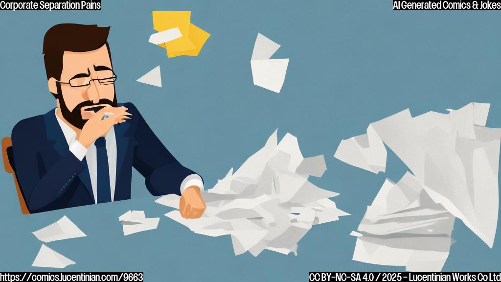 A sad-looking cartoon executive in a business suit, sitting at a large conference table with papers scattered around. He is holding a tissue and wiping his eye. The background is a plain light blue color. Style: Cartoon, simple shapes, flat colors.