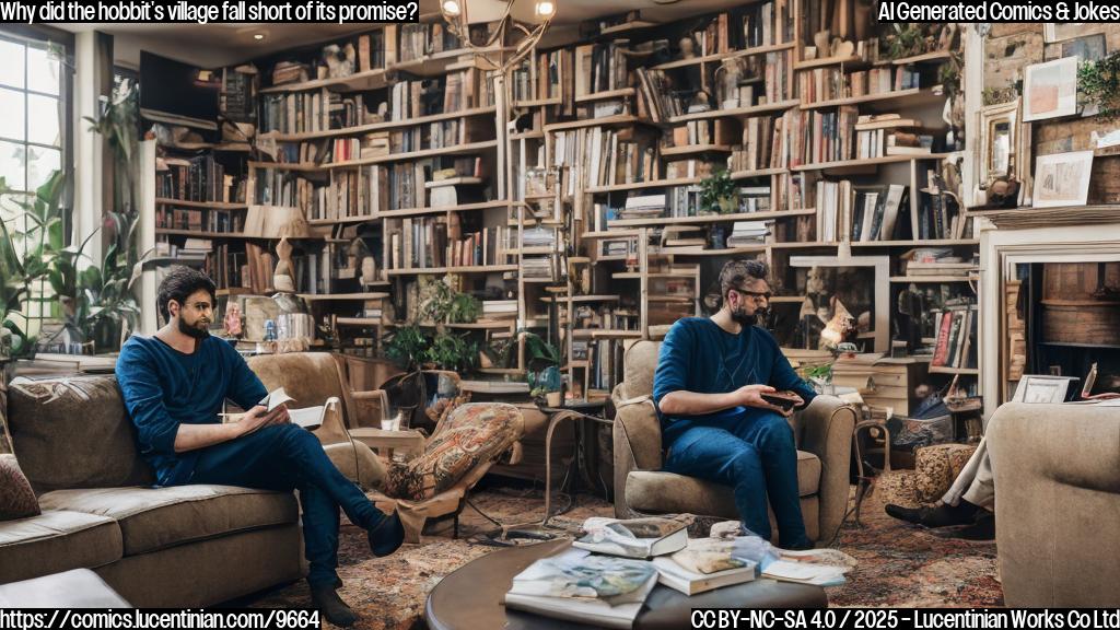A disappointed-looking gamer sitting on a couch, surrounded by video games and a cup of tea, next to a therapist who is leaning forward with a concerned expression. The background is a cozy living room with a fireplace, books, and plants.