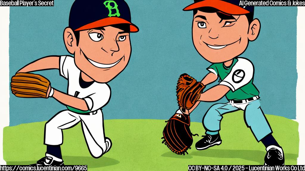 A cartoon illustration of a baseball player with a sly grin, holding a baseball behind his back. The background is a plain green color.