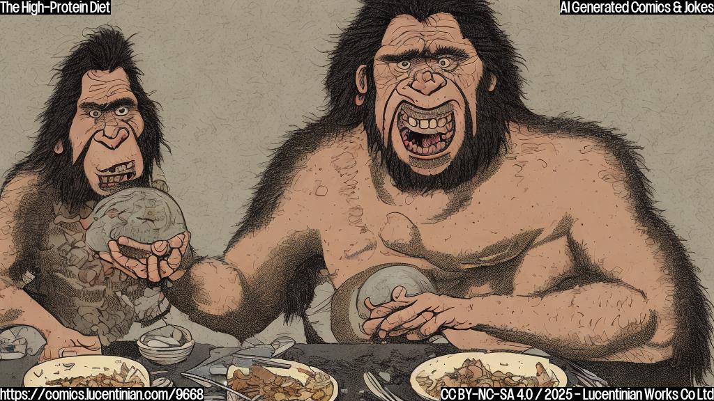 A cartoon-style illustration of a Neanderthal eating a plate of fermented meat with maggots, with a surprised and concerned expression on its face. The background should be a simple, muted color scheme.