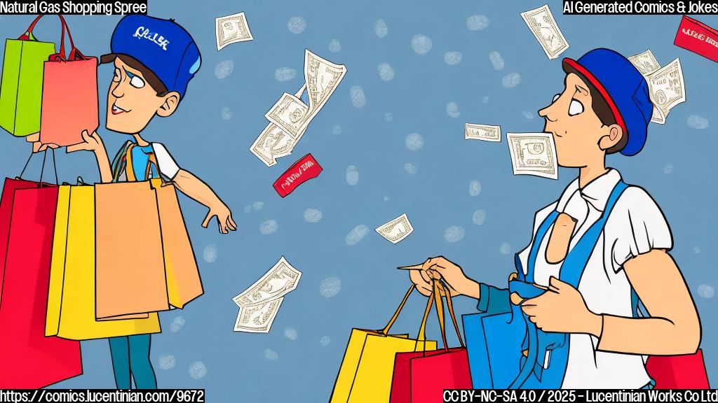 Plain color cartoon style image of a stylized natural gas canister wearing a shopping hat and holding overflowing shopping bags with dollar signs on them. Background is a simple blue.