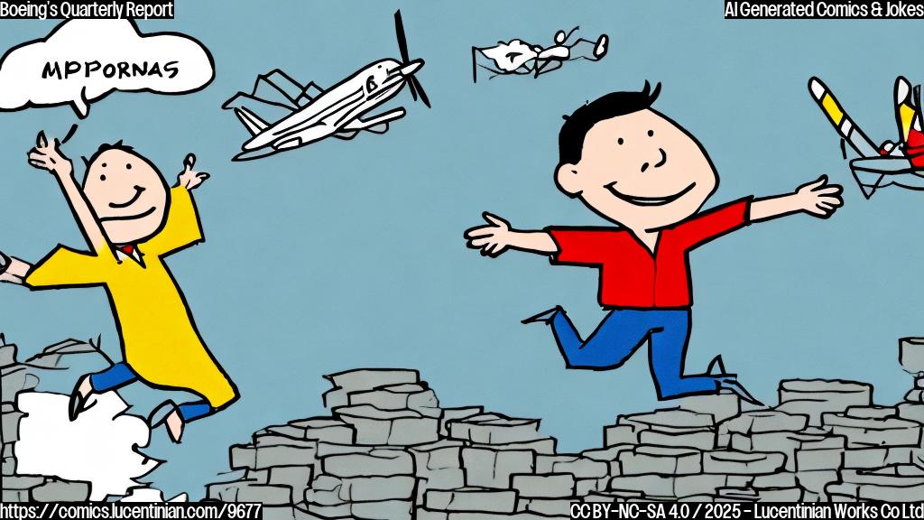 A simple, plain-color cartoon drawing of a financial report smiling and jumping into the air with small airplane wings attached to its back.