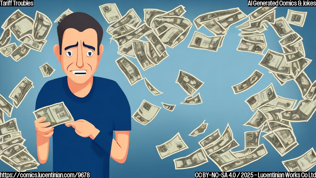 Cartoon style image of a stressed factory owner with sweat on his forehead, surrounded by piles of money shrinking. Background is a simple blue plain color.