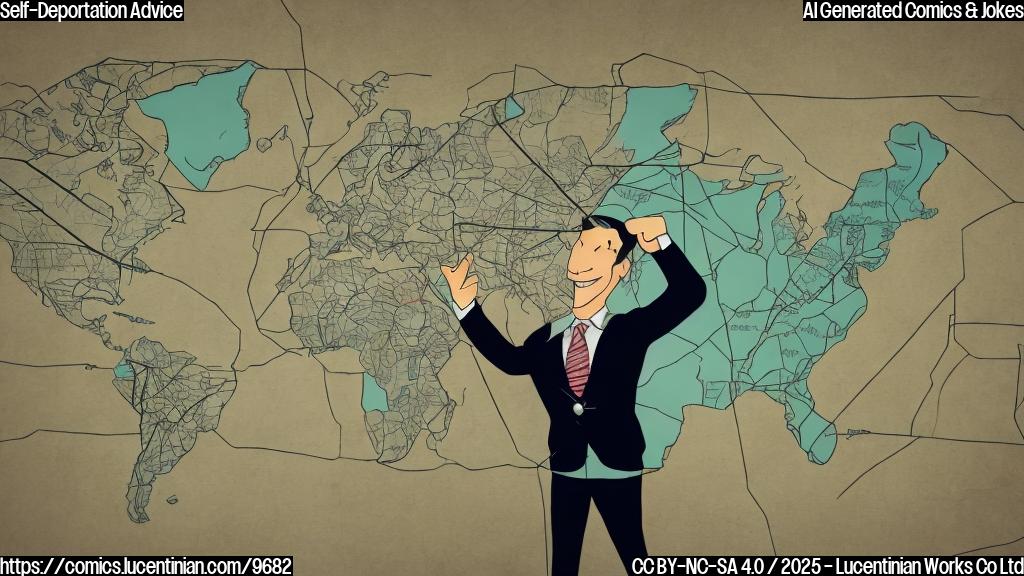 A government official with a suit and tie pointing towards a map with a plane flying away. Plain color cartoon style.