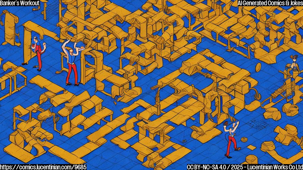 Cartoon style illustration. A gym with weights and treadmills. A man in a blue suit and tie is attempting to climb a ladder leaning against a pile of gold bars instead of lifting weights. The style should be flat colors and simple shapes.