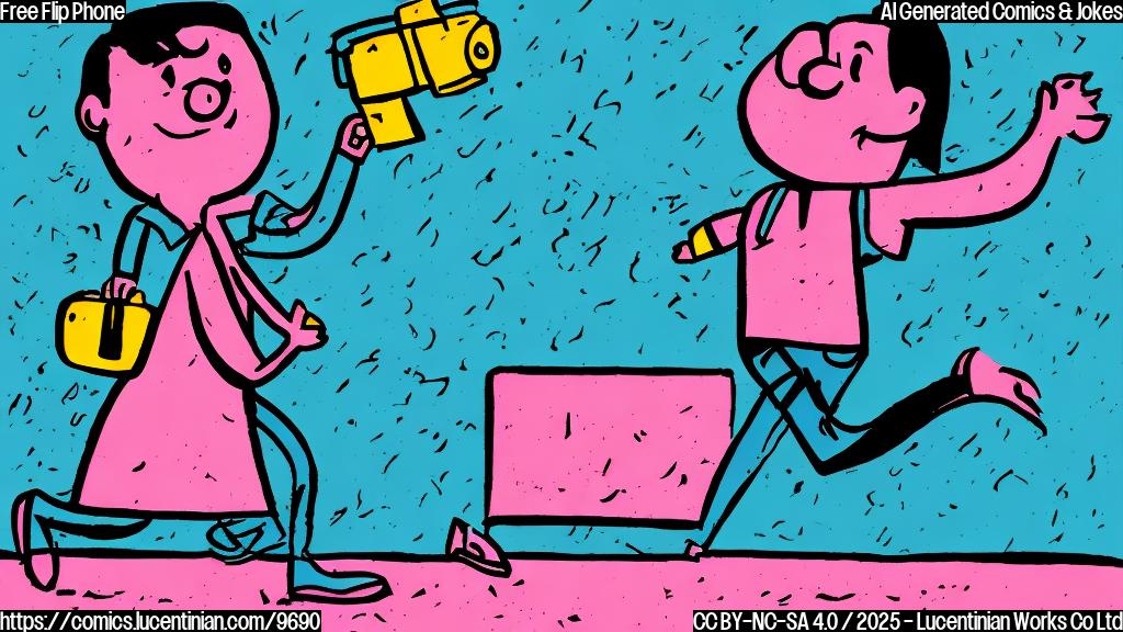 a cartoon style drawing of a person excitedly running across a street towards a giant hand holding a pink flip phone. The background is a plain light blue.