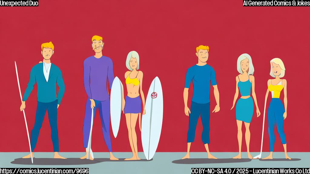 Two cartoon people, one tall man with short grey hair and the other a blonde woman, standing on a red carpet. The man is holding a surfboard. Plain color background. Cartoon style.