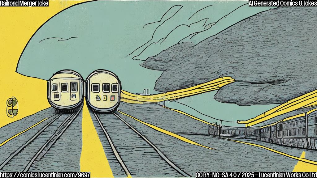 A simple, plain color cartoon illustration of two trains with smiling faces holding hands. One train is predominantly light blue, and the other is predominantly dark green. They are standing on parallel train tracks that extend into the distance. The background is a solid light yellow.