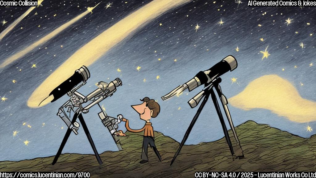 A plain color cartoon style picture of an astronomer with a telescope looking at the night sky with shooting stars.