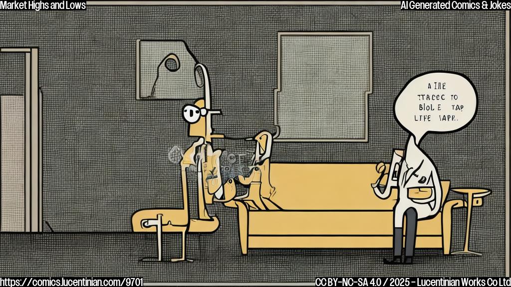 a plain cartoon-style, a sad anthropomorphic graph with downward sloping lines sitting on a couch talking to a plain color blob with glasses, labeled "Therapist."