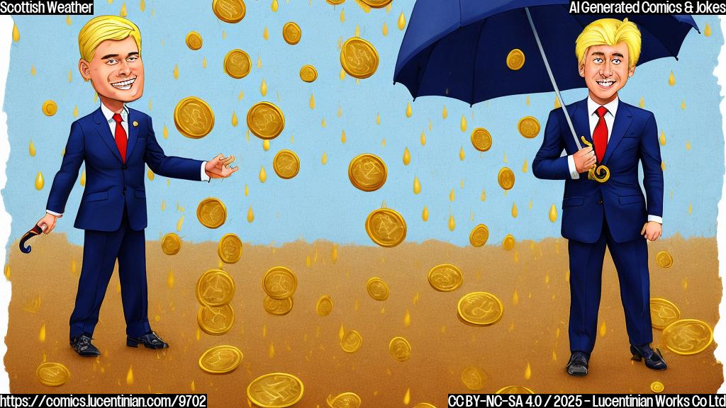 Cartoon of a generic blond politician wearing a suit and tie, holding a comically oversized umbrella, with raindrops that look like golden coins falling around him. The background is a simple, plain blue color.