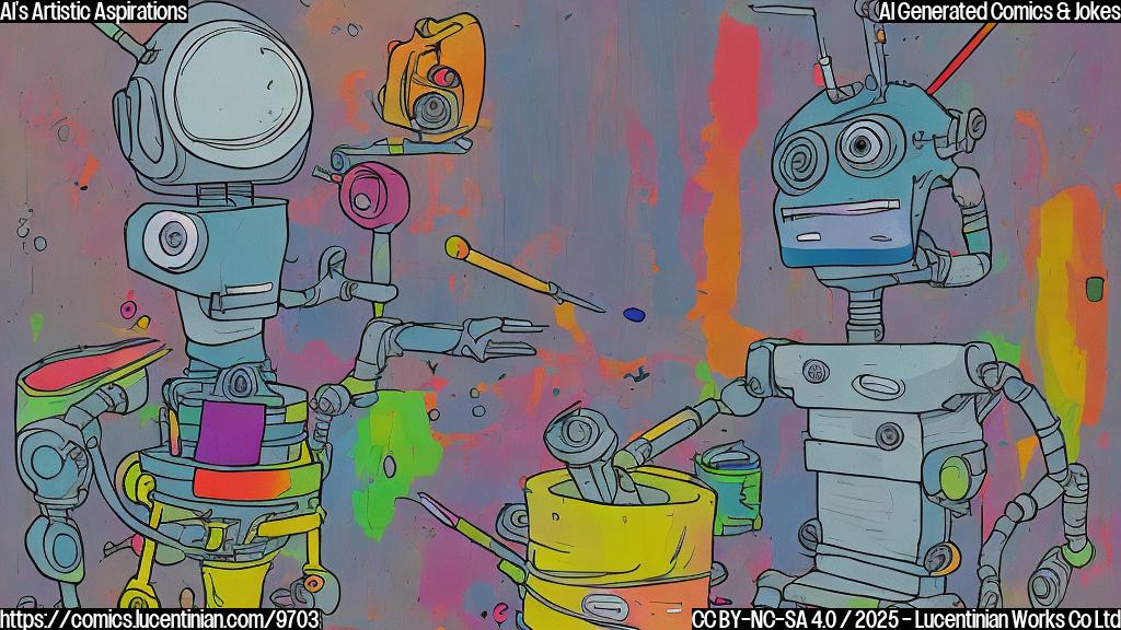 Plain color cartoon style image of a confused looking robot with paintbrushes and art supplies scattered around it, looking disdainfully at a blank canvas.
