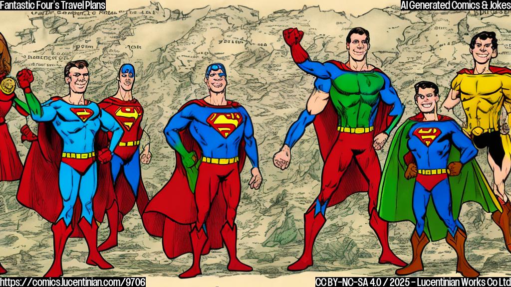A plain color cartoon of four superhero characters standing in front of a stylized U.K. and Ireland map, smiling. The map has a large "No. 1" badge on it.