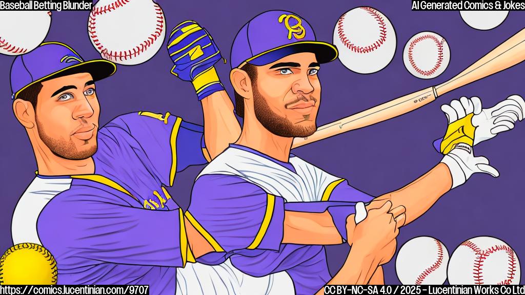 Cartoon drawing, plain background, medium shot. A baseball player wearing a generic uniform with a glove covering his face. Beside him is a huge slot machine displaying a winning combination of baseballs. The color is bright purple.