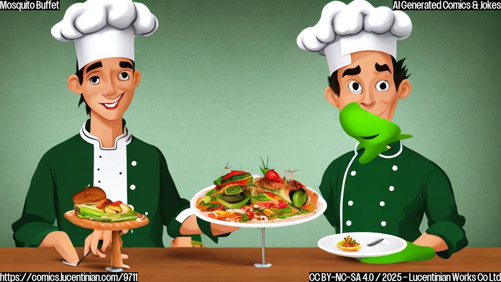A cartoon mosquito wearing a chef's hat and holding a menu, standing in front of a table laden with a silhouette of a human. The background is a plain light green color.