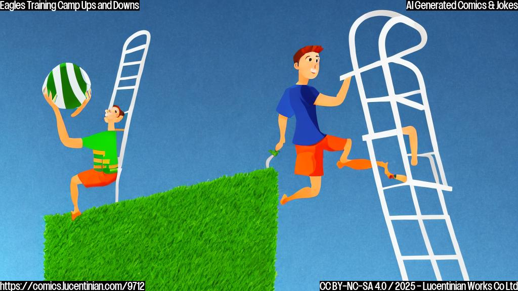 A simple cartoon style image of a green football field with a person in a sports uniform climbing a ladder. The background is a light blue sky.