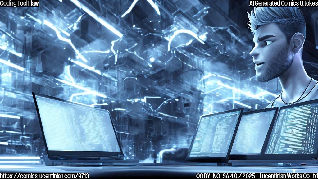 a surprised cartoon programmer with spiky hair staring at a computer screen with lines of code. A menacing shadowy figure with a laptop is standing behind the computer. The background is a plain light blue. cartoon style.