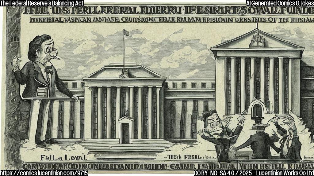 A cartoon of a building with the words "Federal Reserve" on it. Inside, a person in a suit is carefully balancing on a high wire, holding a scale with "Inflation" on one side and "Growth" on the other. Another person in a suit is standing below, yelling "Lower rates!". The background is a plain light yellow. Cartoon style, flat colors.