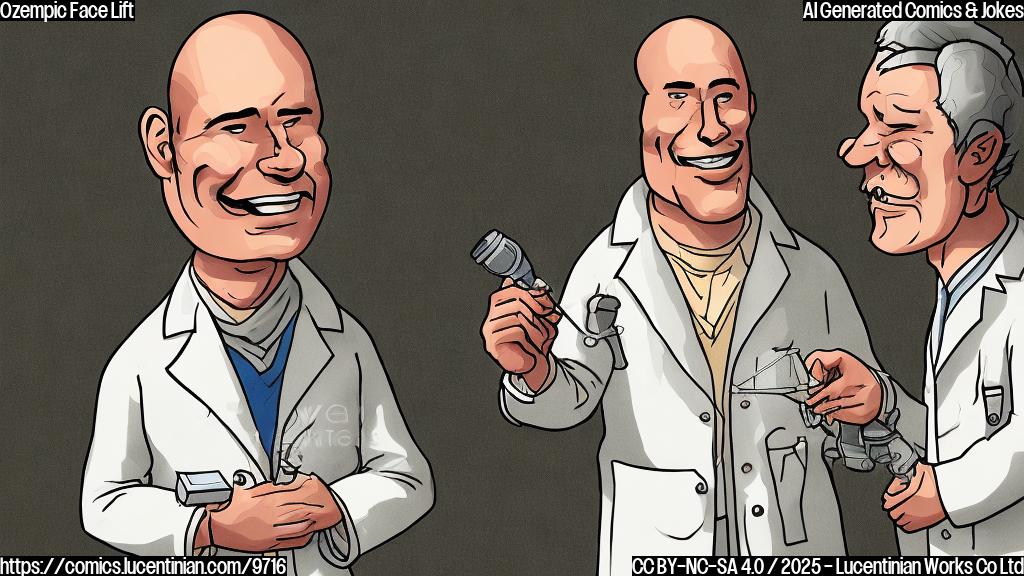 a plain color cartoon style picture, depicting a smiling cosmetic surgeon in a white coat standing next to a sad-looking face with saggy skin.