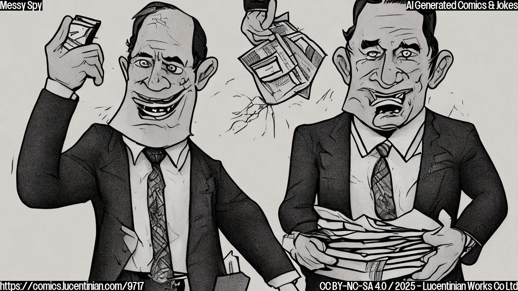 Cartoon illustration of a man in a slightly wrinkled dark suit holding a briefcase overflowing with papers, a pen leaking ink, and a half-eaten sandwich sticking out of his pocket. The background is a plain light gray.