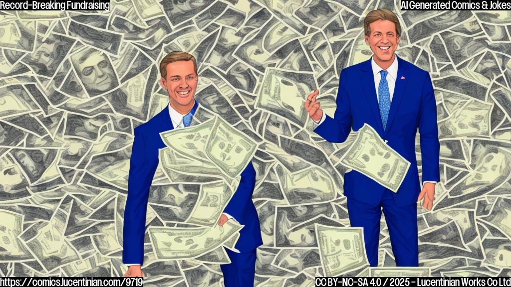 Cartoon image of a smiling, generic male politician in a blue suit, holding an overflowing bag of money labeled "Campaign Funds," with dollar signs raining down around him. The background is a simple, plain light yellow color.
