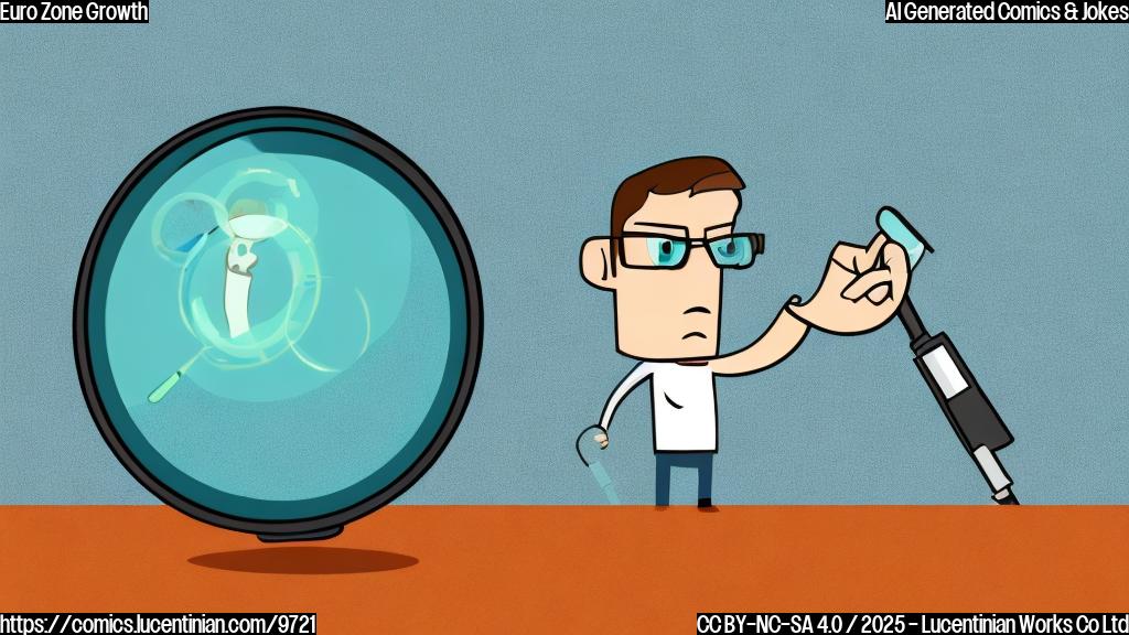 Cartoon style, plain light blue background, a person wearing glasses looking at a very small green graph with a magnifying glass, looking concerned.