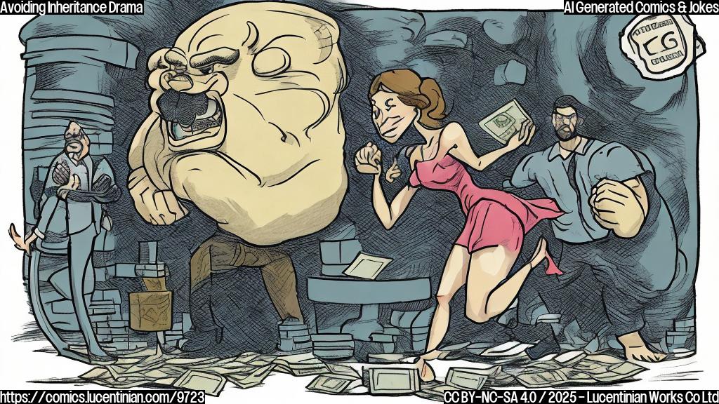 Plain color cartoon style picture of a young woman in a casual outfit happily skipping away from a large, muscular wrestler figure standing behind a giant stack of money. A large tax bill with an angry face hovers in the background.
