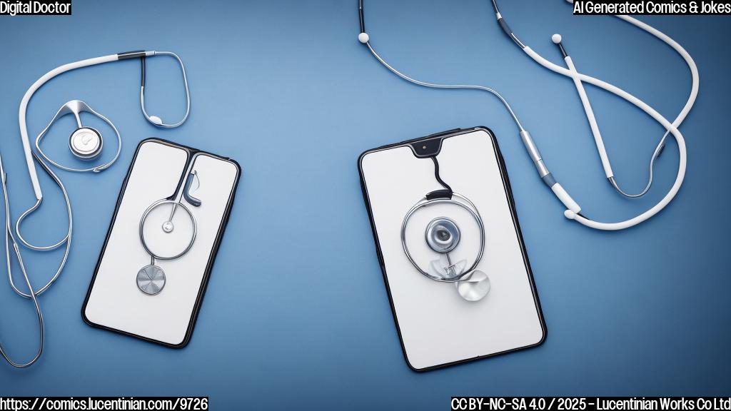 A cartoon style smartphone wearing a white doctor coat and stethoscope, plain light blue background.