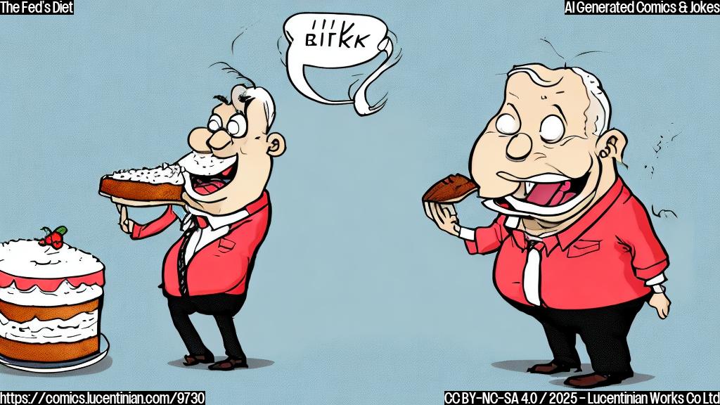 Cartoon image of a sad, plump stock market character refusing to eat a slice of cake labeled "Interest Rate Hike". The background is a plain light blue.