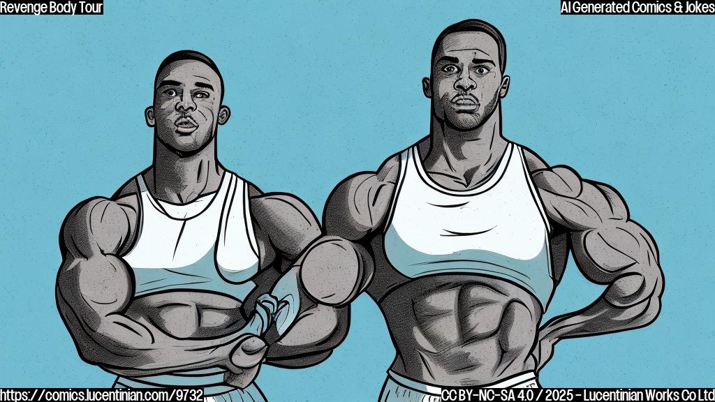 A cartoon style illustration of a muscular athlete standing proudly in front of a simplified skyline of New York City. The background is a plain light blue. The athlete is wearing simple athletic shorts and a tank top, flexing his arms. The style should be very plain and minimalistic, using solid colors with no gradients.
