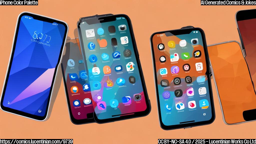 Cartoon image of three smartphones standing in a row. One is bright orange, the others are dull beige and grey. Plain color background.