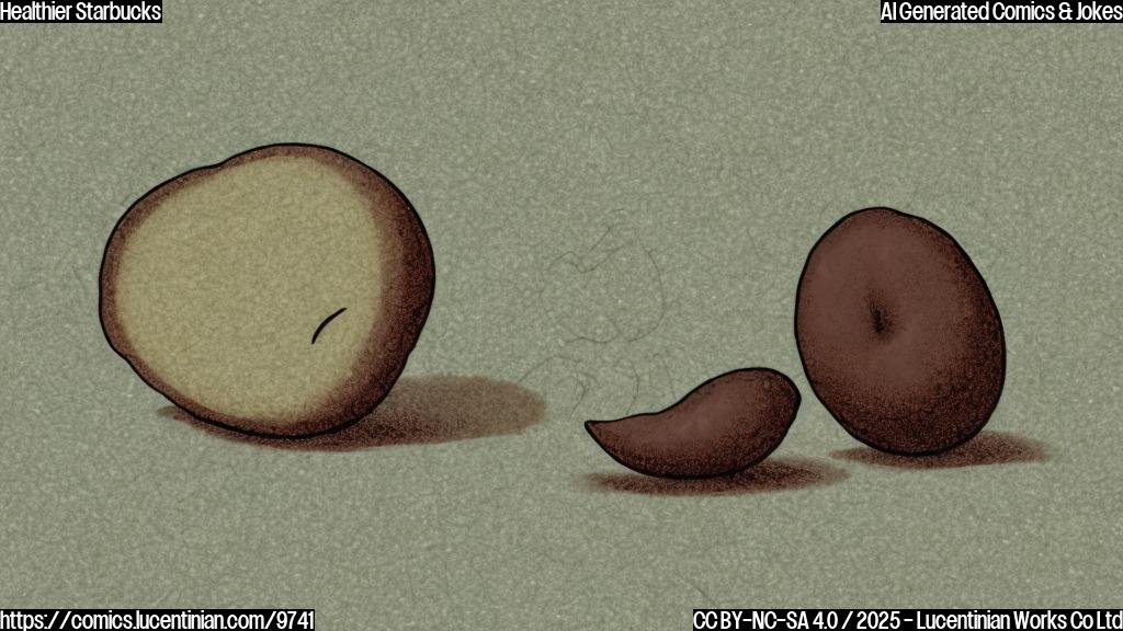 A cartoon drawing of a sad-looking brown coffee bean turning away from a smiling white sugar packet. The background is a plain light green.