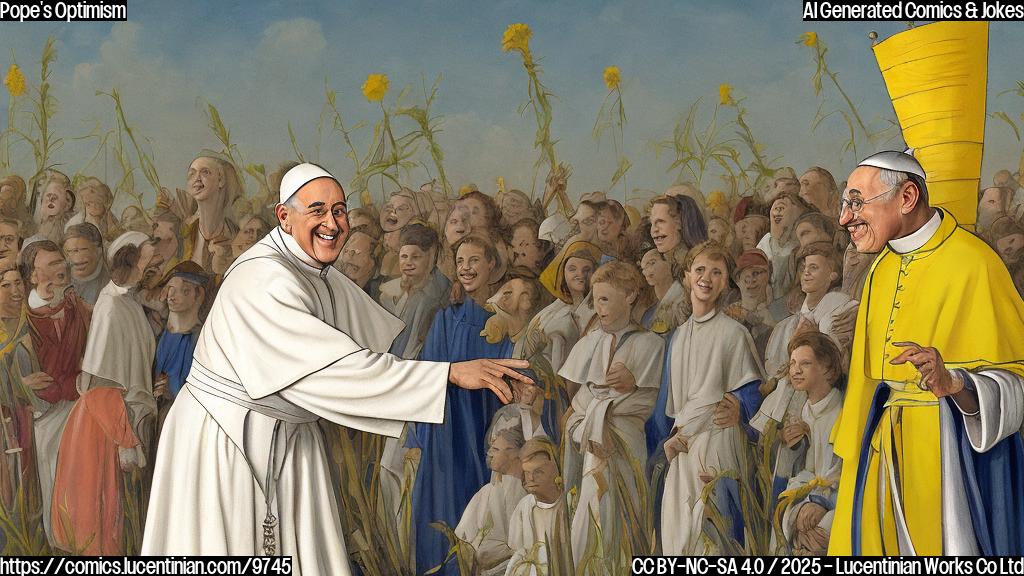 Cartoon drawing of a smiling Pope with a long white robe and hat, carrying a bright yellow ladder in a field of young people with diverse clothing. Background is a clear blue sky.