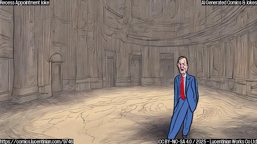 Cartoon illustration of a confused looking man in a suit standing in an empty senate chamber, with tumbleweeds rolling by. The color of background and the man suit is plain light blue.