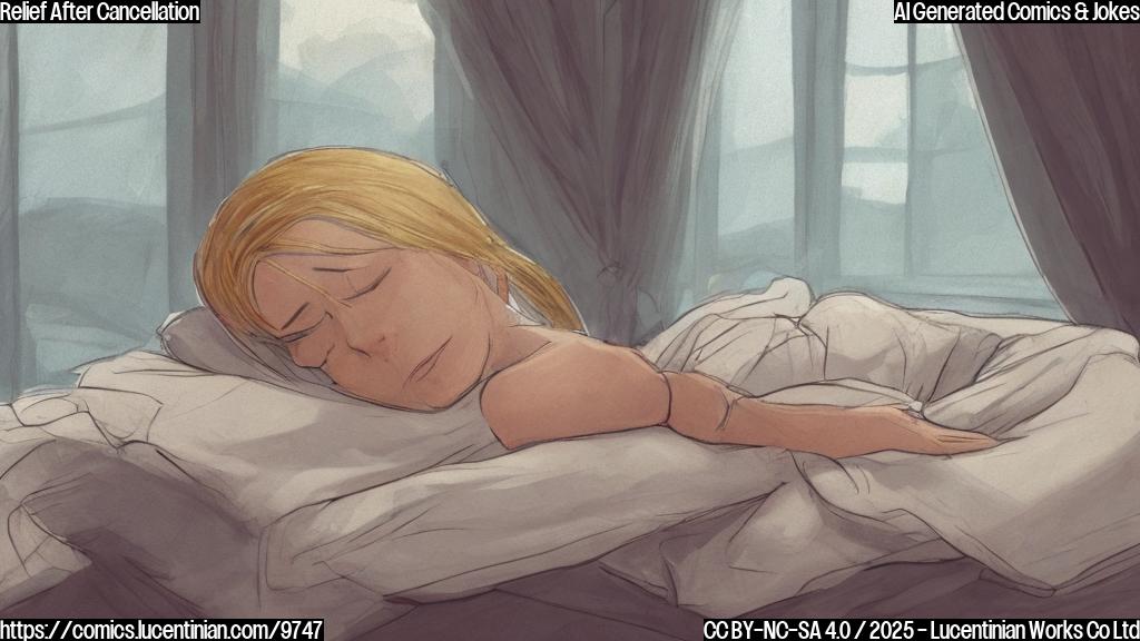 Cartoon of a woman with blonde hair sleeping peacefully in a large, comfortable bed, sunlight streaming through the window. The woman has a faint smile on her face, and the style should be simple and plain color, evoking a sense of relief and relaxation.
