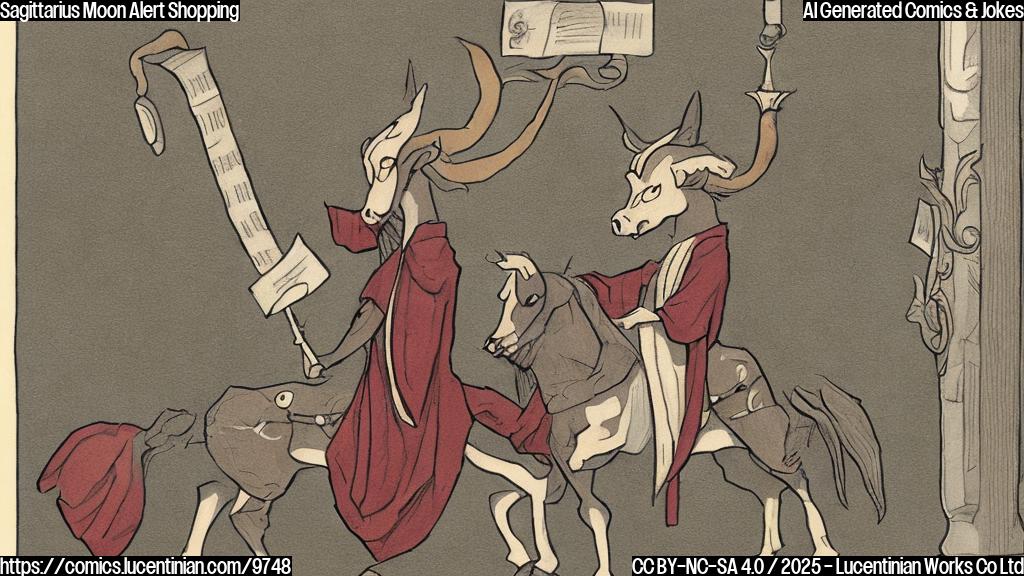 A simple, plain color cartoon image. A centaur wearing a bankruptcy judge's robe looks shocked with his hand in the air while looking at a long list of shopping purchases on a scroll.