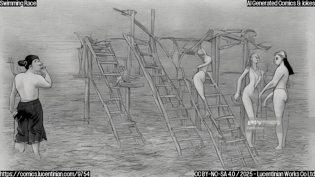 Plain color cartoon style picture of a young female swimmer with dark hair holding a ladder near a swimming pool, looking surprised at an older female swimmer with blond hair who is already swimming and far away.